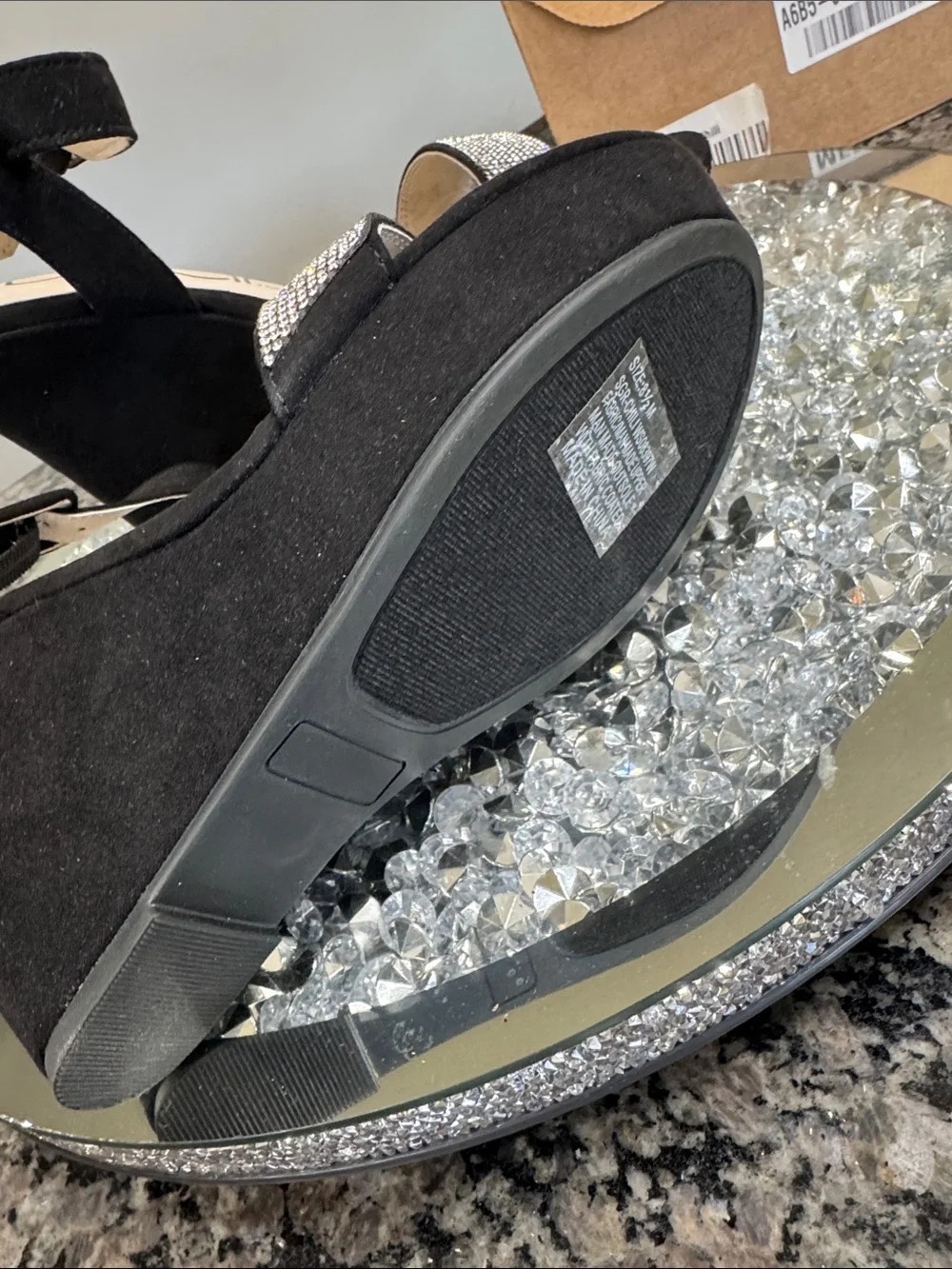 Sugar Black Wedge Sandals with Crystal Front Strap NEW 8.5